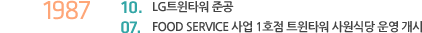1987년 10월 LG트윈타워 준공, 1987년 7월 FOOD SERVICE 사업 1호점 트윈타워 사원식당 운영 개시