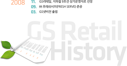 2008년 11월 GS리테일, 지하철 9호선 상가운영자로 선정, 2008년 9월 ㈜ 후레쉬서브(Fresh Serve) 준공, 2009년 3월 GS넷비전 출범
