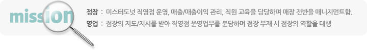 점장  :  미스터도넛 직영점 운영, 매출/매출이익 관리, 직원 교육을 담당하며 매장 전반을 매니지먼트함. 영업  :  점장의 지도/지시를 받아 직영점 운영업무를 분담하며 점장 부재 시 점장의 역할을 대행